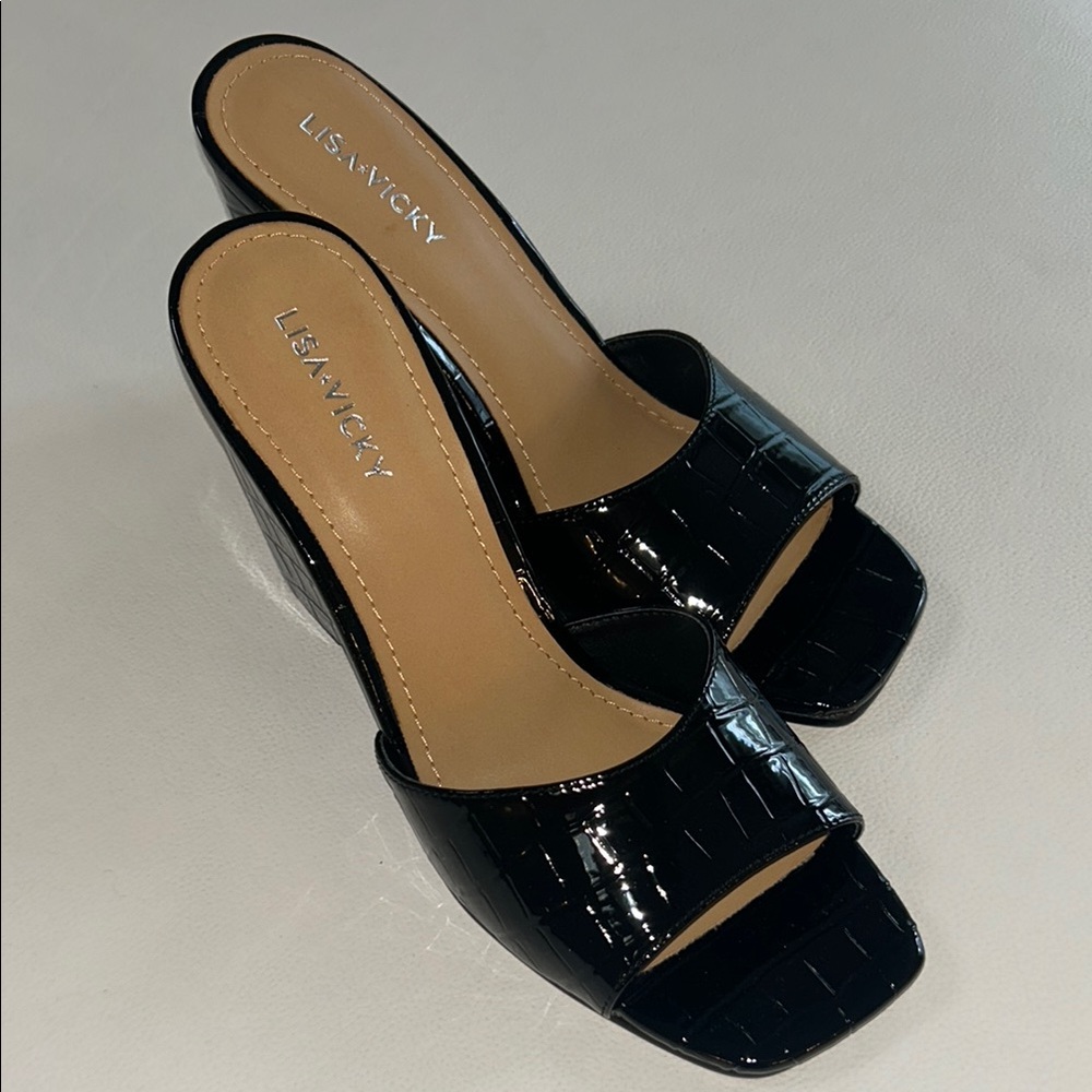 Black Glossy Mules with Bow Detail